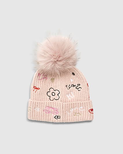 Girls Pink Doodle Pom Beanie Hat