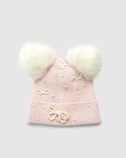 Girls Pink Pearl Bow Beanie Hat