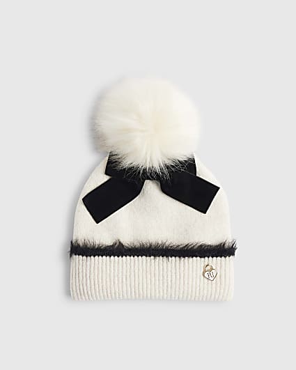 Girls Cream 3D Bow Beanie Hat