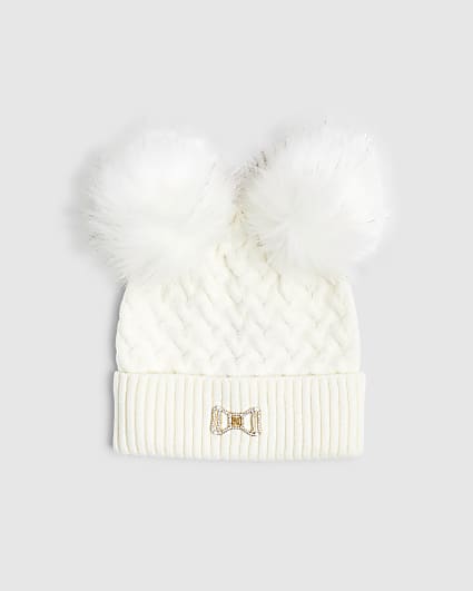 Girls Cream Double Pom Beanie