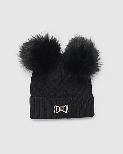 Girls Black Double Pom Beanie