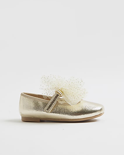 Mini Girls Gold Organza Bow Shoes
