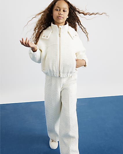 Girls Cream Sequin Boucle Bomber Jacket