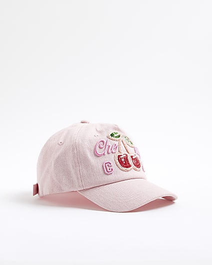 Girls Pink Embellished Cherry Cap