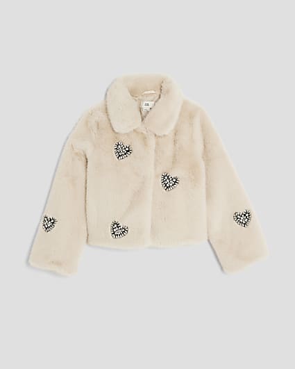 Girls Cream Heart Embellished Faux Fur Jacket