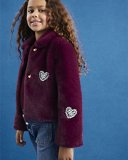 Girls Red Heart Embellished Faux Fur Jacket