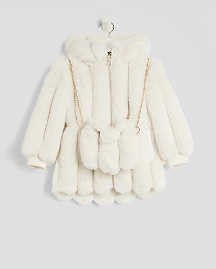 Mini Girls Beige Faux Fur Coat With Bag