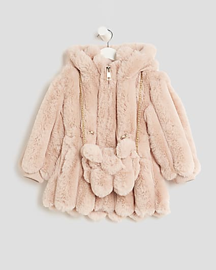 Mini Girls Pink Faux Fur Coat With Bag