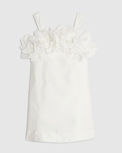 Girls White 3D Flower Mini Shift Dress
