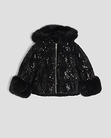 Girls Black Sequin Puffer Coat