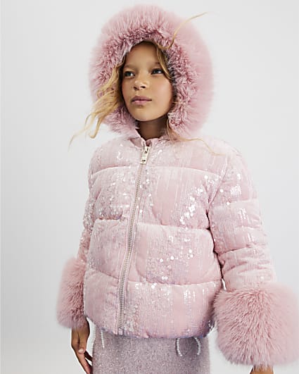 Girls Pink Sequin Puffer Coat