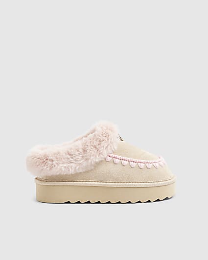 Girls Beige Pink Faux Fur Slippers