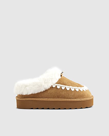 Girls Beige Faux Fur Stitch Slippers