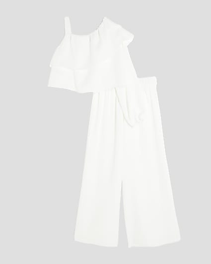 Girls White Ruffle Top And Trousers Set