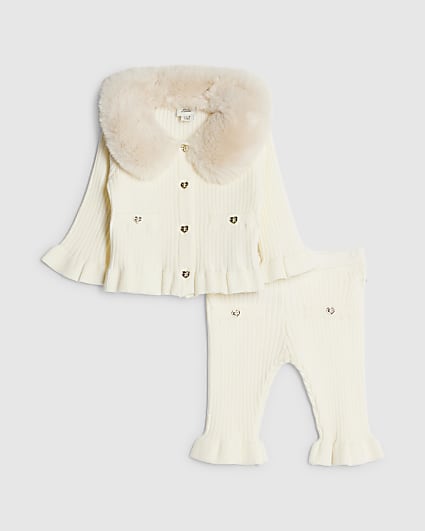 Baby Girls Beige Faux Fur Collar Cardigan Set