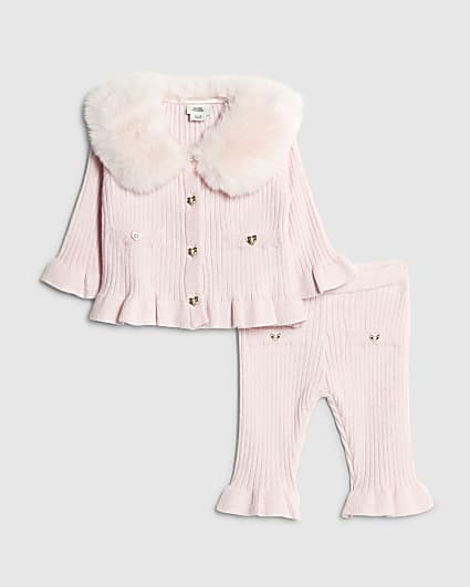 Baby Girls Pink Fur Collared Cardigan Set
