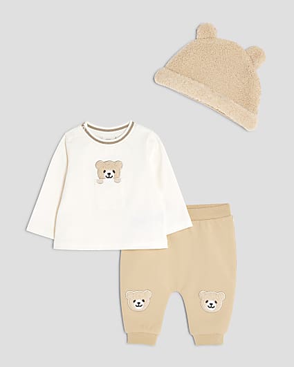 Baby Boys Beige Borg Bear Hat Set
