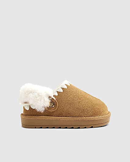 Mini Girls Beige Faux Fur Trim Strap Slippers