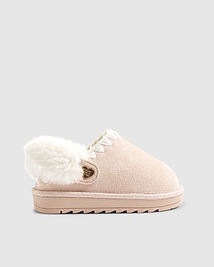 Mini Girls Pink Faux Fur Trim Strap Slippers