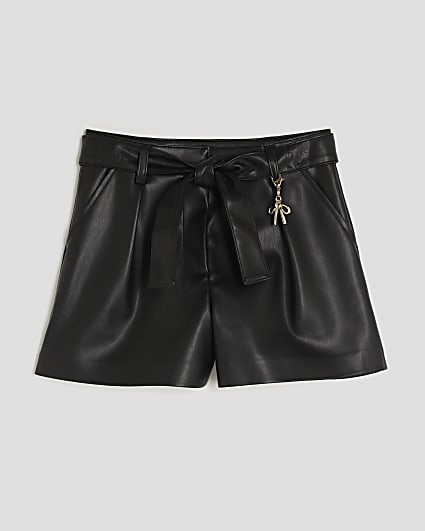 Girls Black Faux Leather Belted Shorts