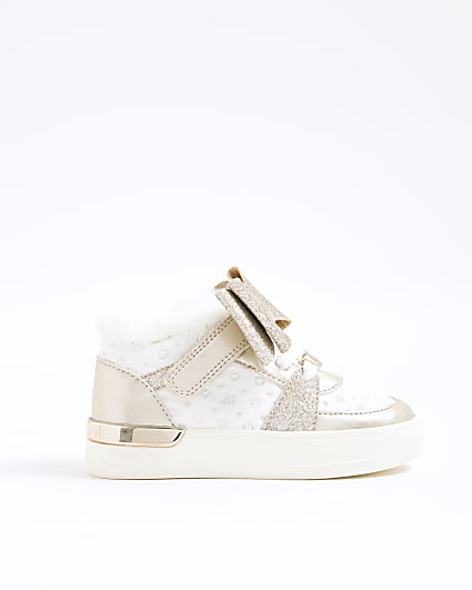 Mini Girls White Faux Fur Lined Bow Trainers
