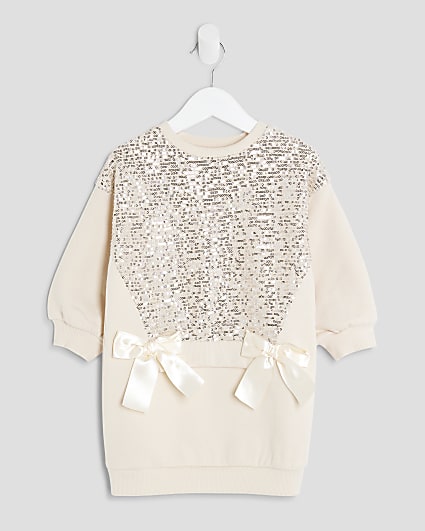 Mini Girls Cream Sequin Sweatshirt Dress
