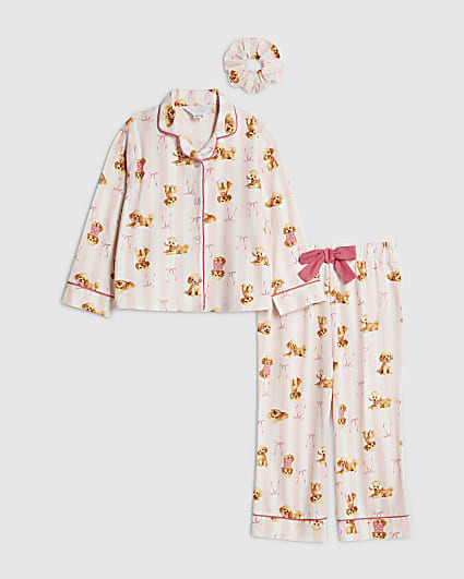Mini Girls Pink Puppy Stripe Pyjama Set