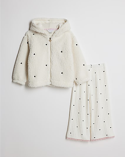 Mini Girls Cream Heart Borg Cosy Hoodie Set