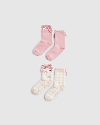 Girls Pink Bow Gingham Cosy Pack Of 2 Socks