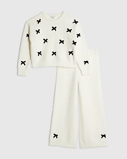 Girls Cream 3D Bow Loungewear Set