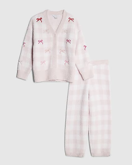 Girls Pink Gingham Cosy Cardigan Set