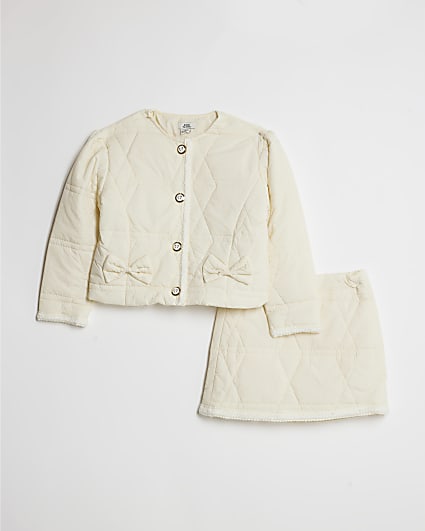 Mini Girls Cream Quilted Jacket And Skirt Set