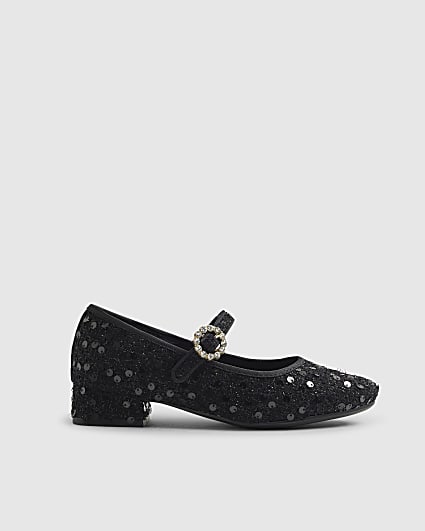 Girls Black Boucle Heeled Mary Jane Shoes