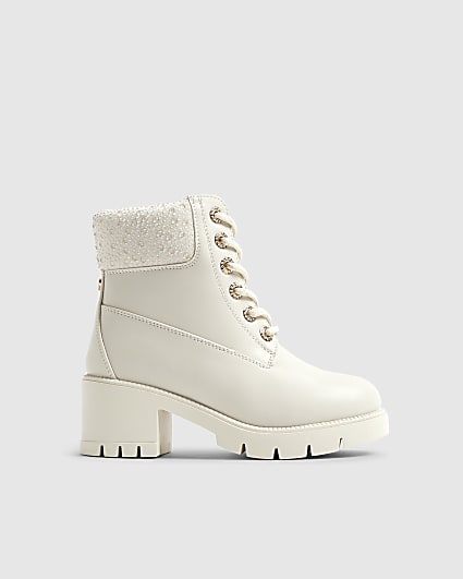 Girls Cream Diamante Lace Up Heel Boots