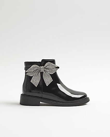 Girls Black Diamante Bow Boots