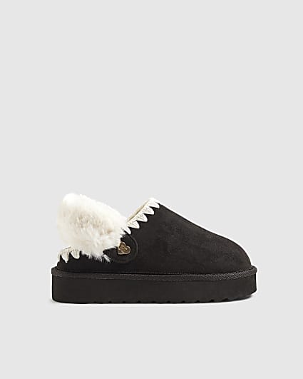 Girls Black Faux Fur Trim Strap Slippers