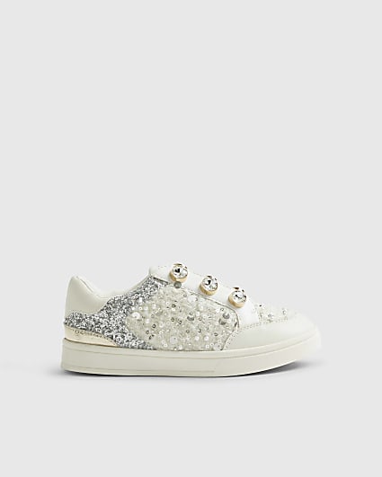Girls White Boucle Gem Eyelet Trainers
