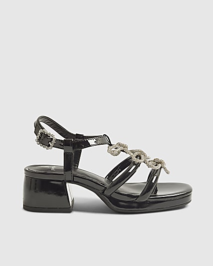 Girls Black Triple Bow Heeled Sandals