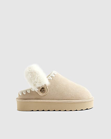 Girls Cream Faux Fur Trim Strap Slippers