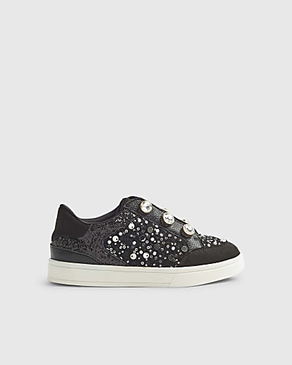 Girls Black Boucle Gem Eyelet Trainers