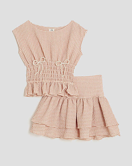 Girls Pink Gingham Bow Top Set