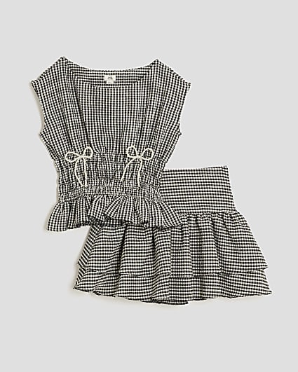 Girls Black Gingham Bow Top Set