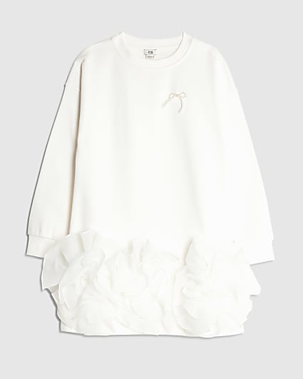 Girls White Rosette Hem Sweatshirt Dress