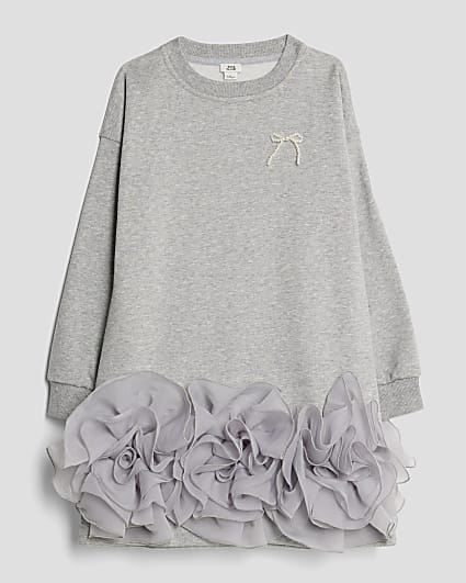 Girls Grey Rosette Hem Sweatshirt Dress