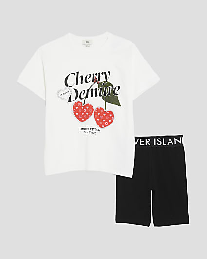 Girls White Cherry Demure T-Shirt & Cycle Set