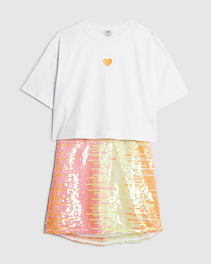 Girls White Sequin Skirt Set
