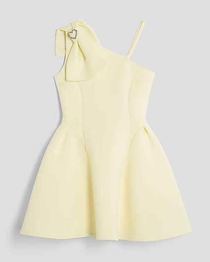 Girls Yellow One Shoulder Bow Skater Dress