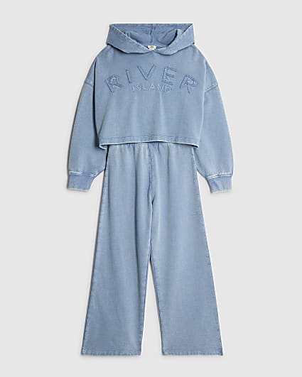 Girls Blue Washed Wide Leg Sweatshirt Set