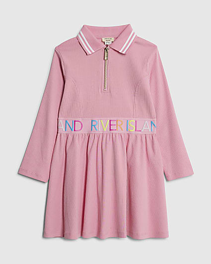 Mini Girls Pink RI Waistband Ribbed Dress