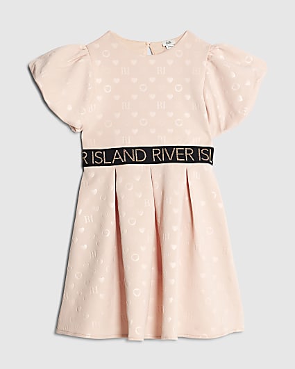 Girls Beige Embossed RI Monogram Dress